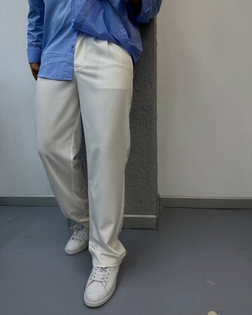 PİLELİ BAGGY KUMAŞ PANTOLON BEYAZ